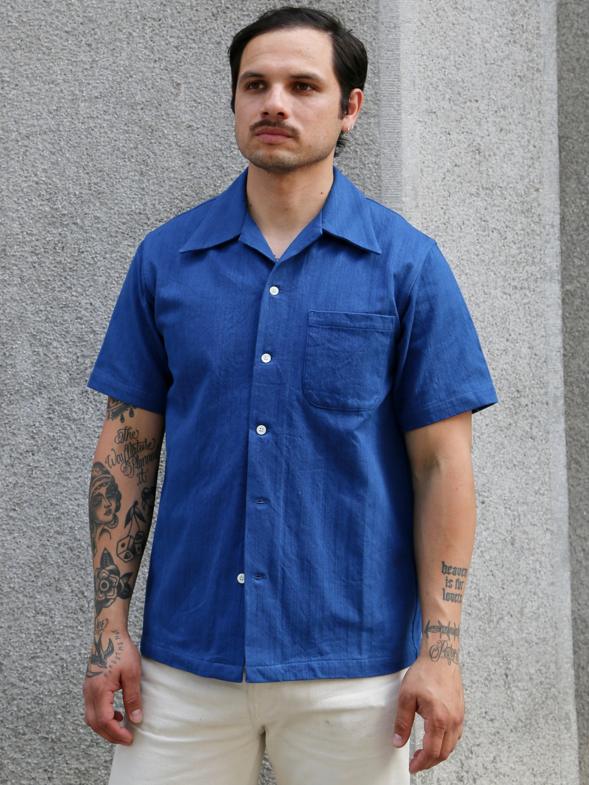 Samurai Jeans Open Collar Herringbone Shirt – Natural Indigo (SOS25-AHB)