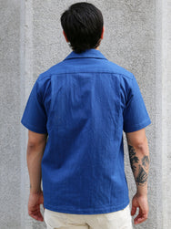 Samurai Jeans Open Collar Herringbone Shirt – Natural Indigo (SOS25-AHB)