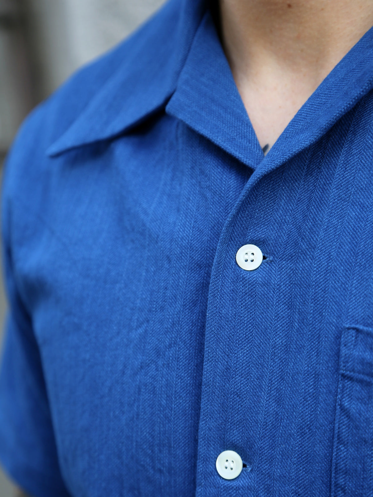 Samurai Jeans Open Collar Herringbone Shirt – Natural Indigo (SOS25-AHB)