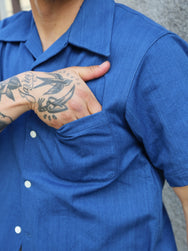 Samurai Jeans Open Collar Herringbone Shirt – Natural Indigo (SOS25-AHB)