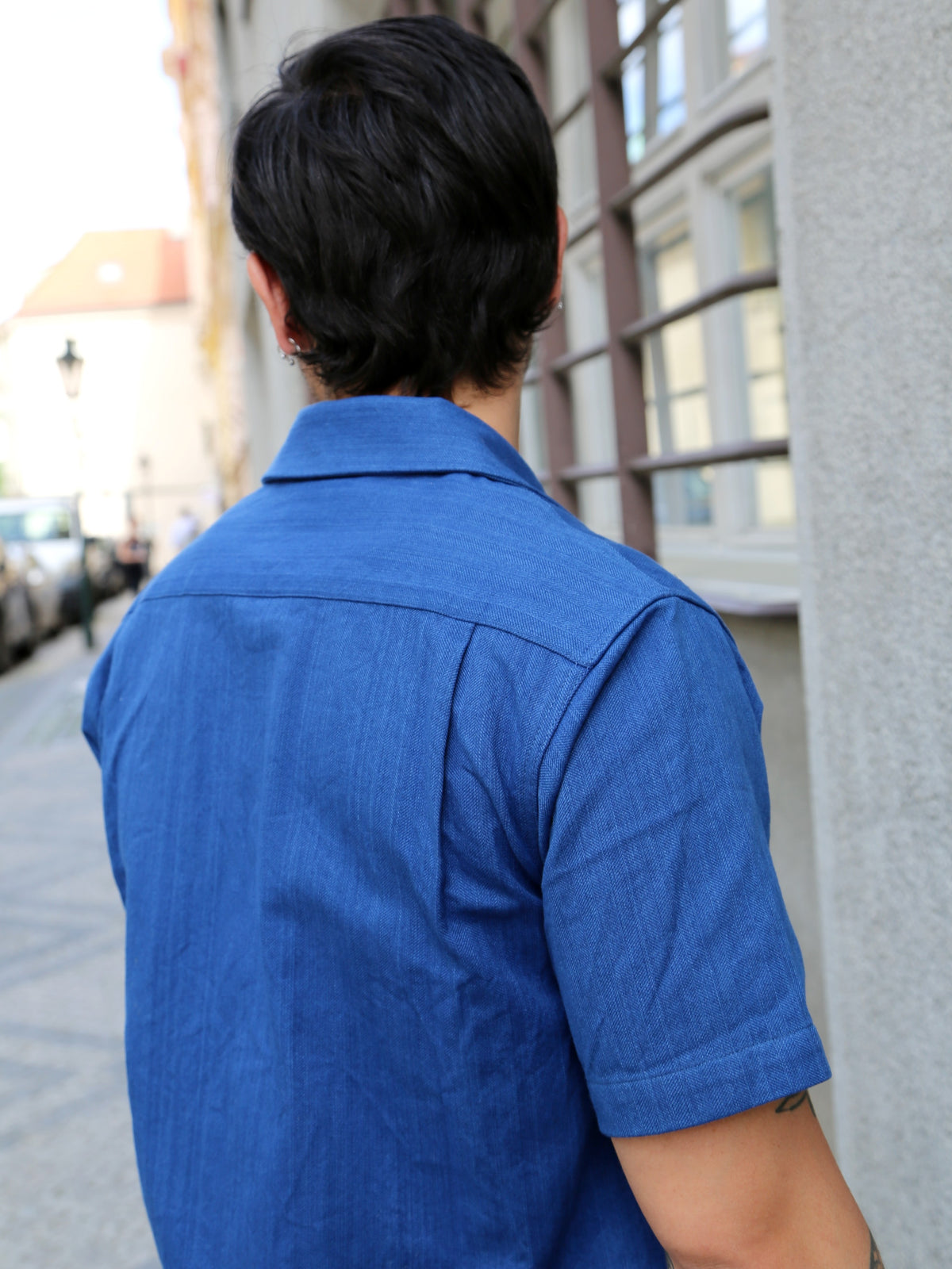 Samurai Jeans Open Collar Herringbone Shirt – Natural Indigo (SOS25-AHB)