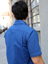 Samurai Jeans Open Collar Herringbone Shirt – Natural Indigo (SOS25-AHB)