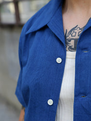 Samurai Jeans Open Collar Herringbone Shirt – Natural Indigo (SOS25-AHB)