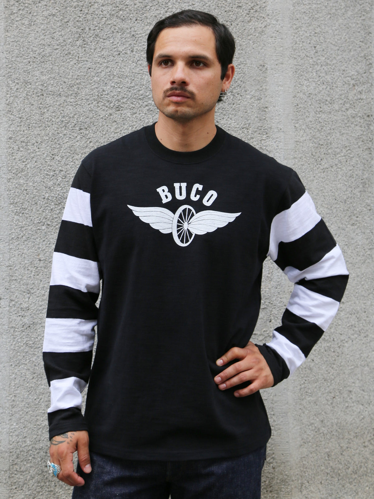 The Real McCoy's Buco Flying Wheel Striped Sleeve Tee – Black/White (BC25001-301)