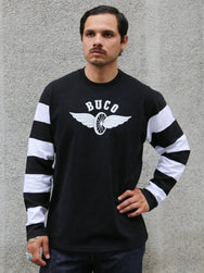 The Real McCoy's Buco Flying Wheel Striped Sleeve Tee – Black/White (BC25001-301)