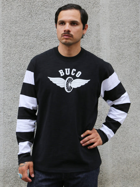The Real McCoy's Buco Flying Wheel Striped Sleeve Tee – Black/White (BC25001-301)
