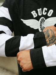 The Real McCoy's Buco Flying Wheel Striped Sleeve Tee – Black/White (BC25001-301)