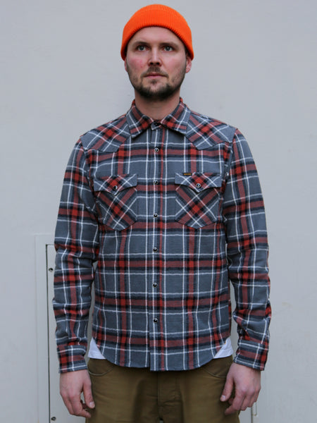 Iron Heart IHSH-369-GRY – 12oz Heavy Flannel Herringbone Check Western Shirt - Grey