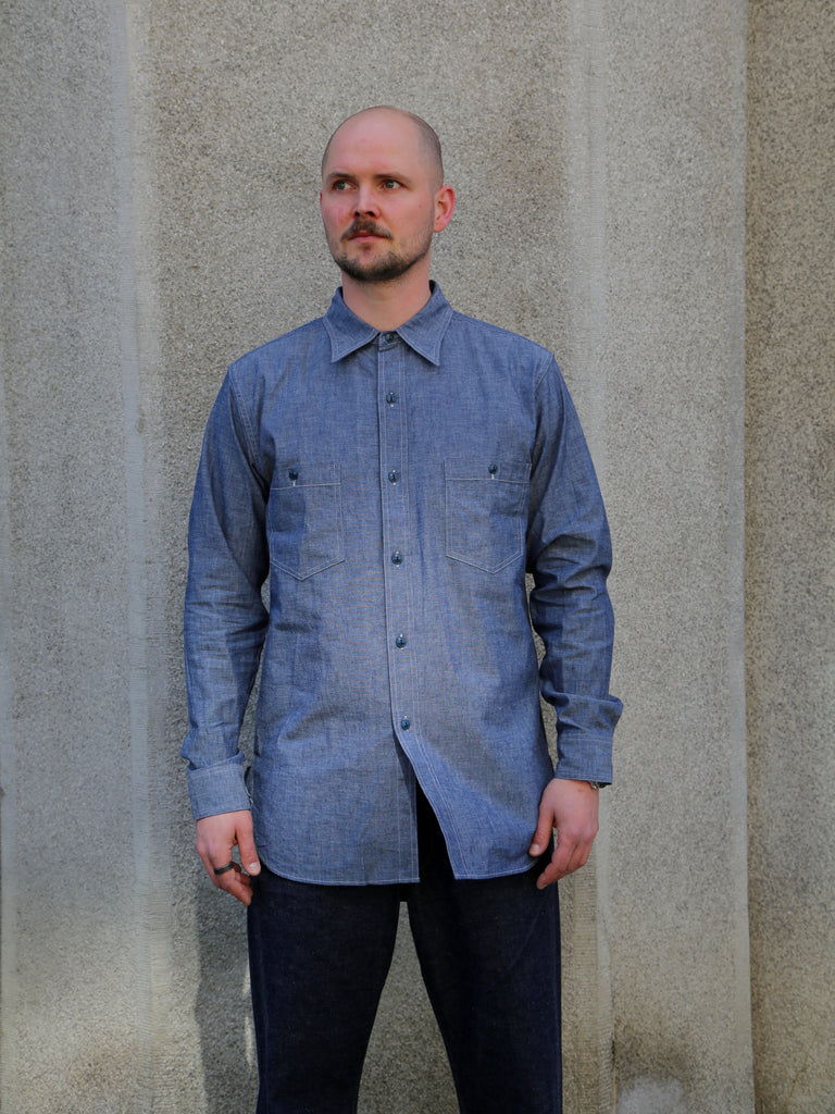 Black Sign Open Pocket Working Chambray Shirt / Light Blue