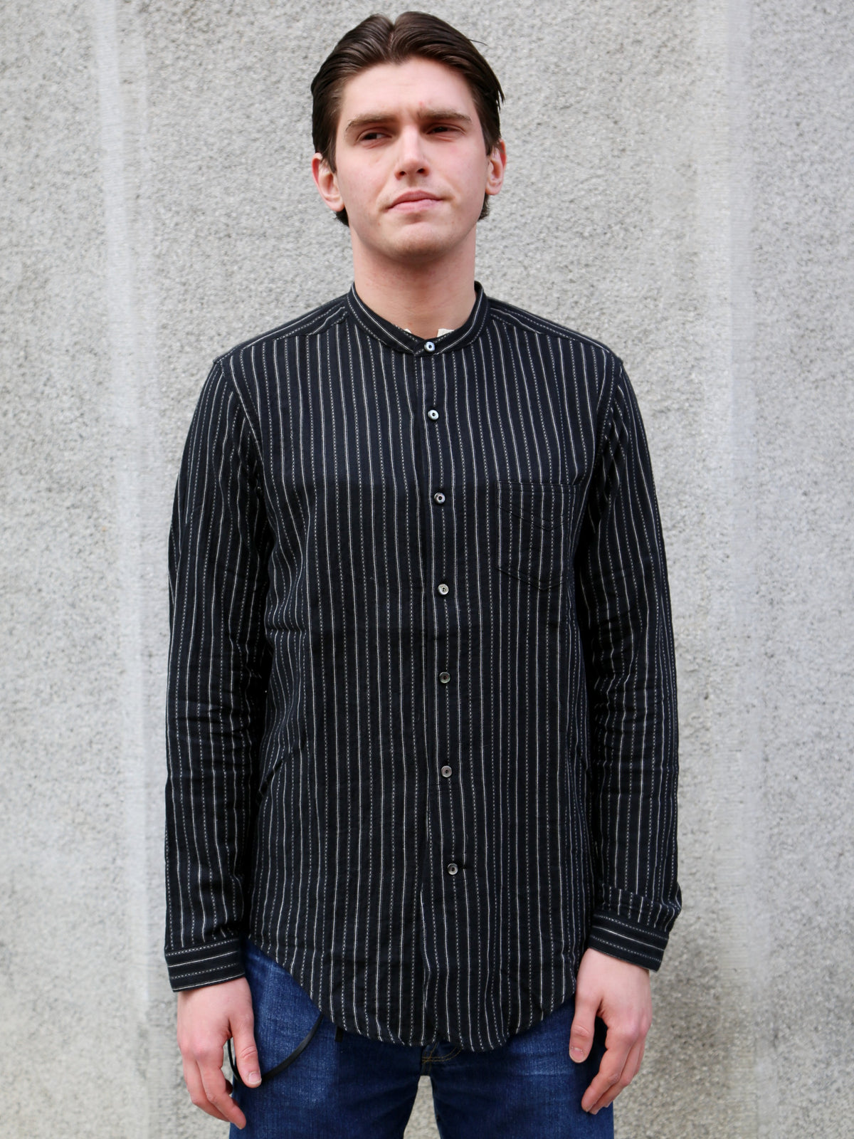 Black Sign Antique Cloth Band Collar Immigrant Shirt – Sumi Black (BSFL-25107)