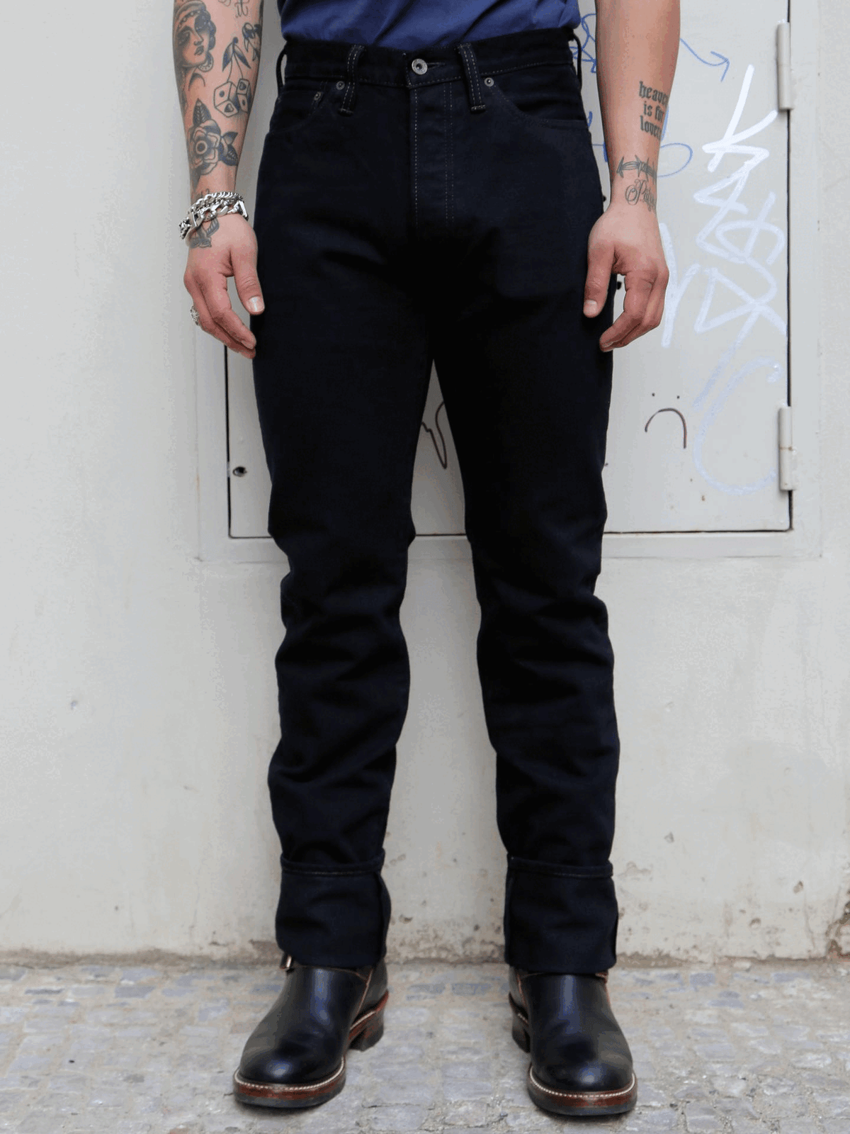 Iron Heart 14oz Broken Twill Selvedge Relaxed Tapered Jeans – Indigo Overdyed Black (IH-888SBR-14od)