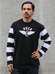 The Real McCoy's Buco Flying Wheel Striped Sleeve Tee – Black/White (BC25001-301)