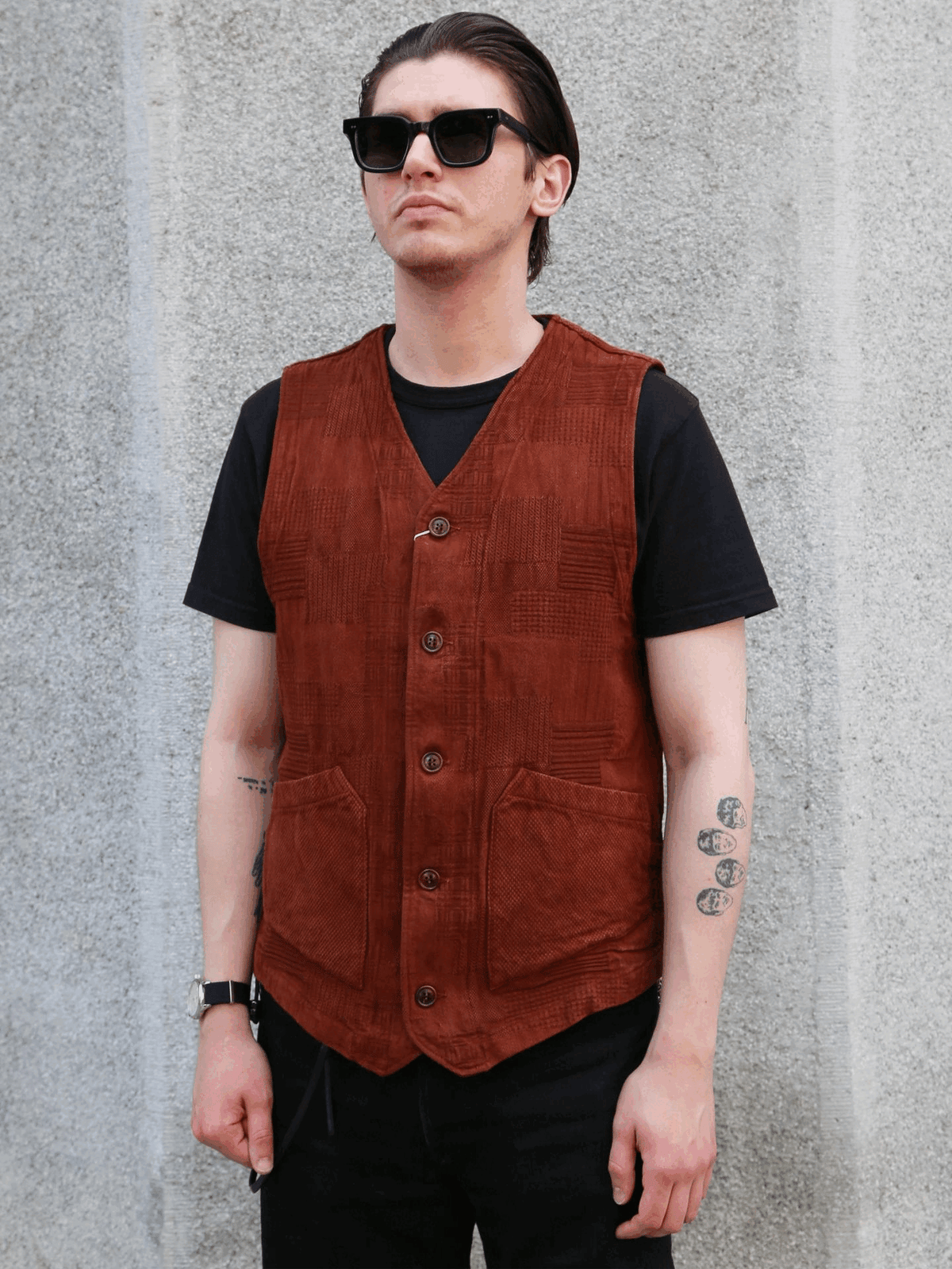 Studio D'Artisan "Amami Dorozome" Boro Jacquard Vest – Brown (4605)