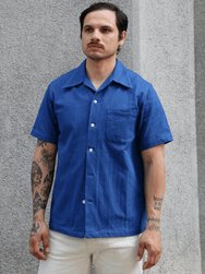 Samurai Jeans Open Collar Herringbone Shirt – Natural Indigo (SOS25-AHB)