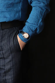 Black Sign French Linen Watch Cuffs Shirt / Sapphire Blue