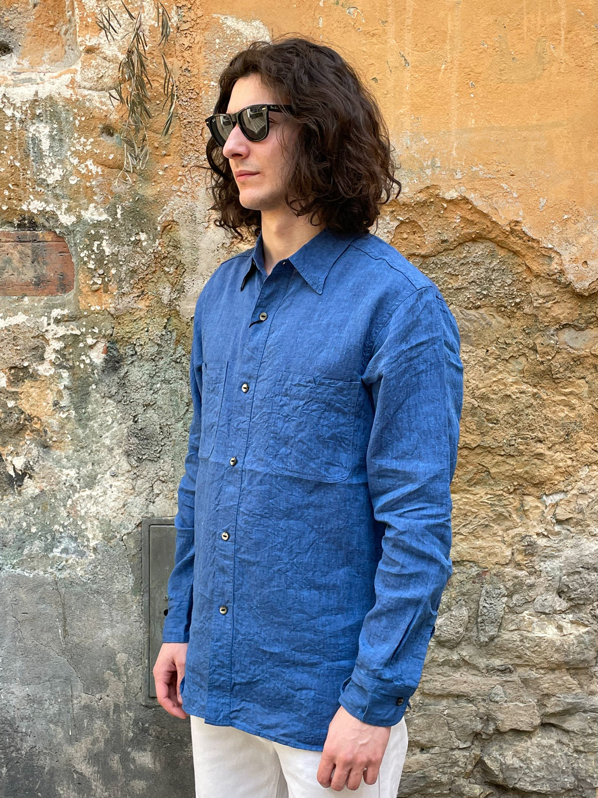 Black Sign French Linen Watch Cuffs Shirt / Sapphire Blue