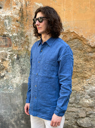 Black Sign French Linen Watch Cuffs Shirt / Sapphire Blue