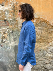 Black Sign French Linen Watch Cuffs Shirt / Sapphire Blue