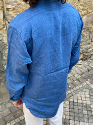 Black Sign French Linen Watch Cuffs Shirt / Sapphire Blue