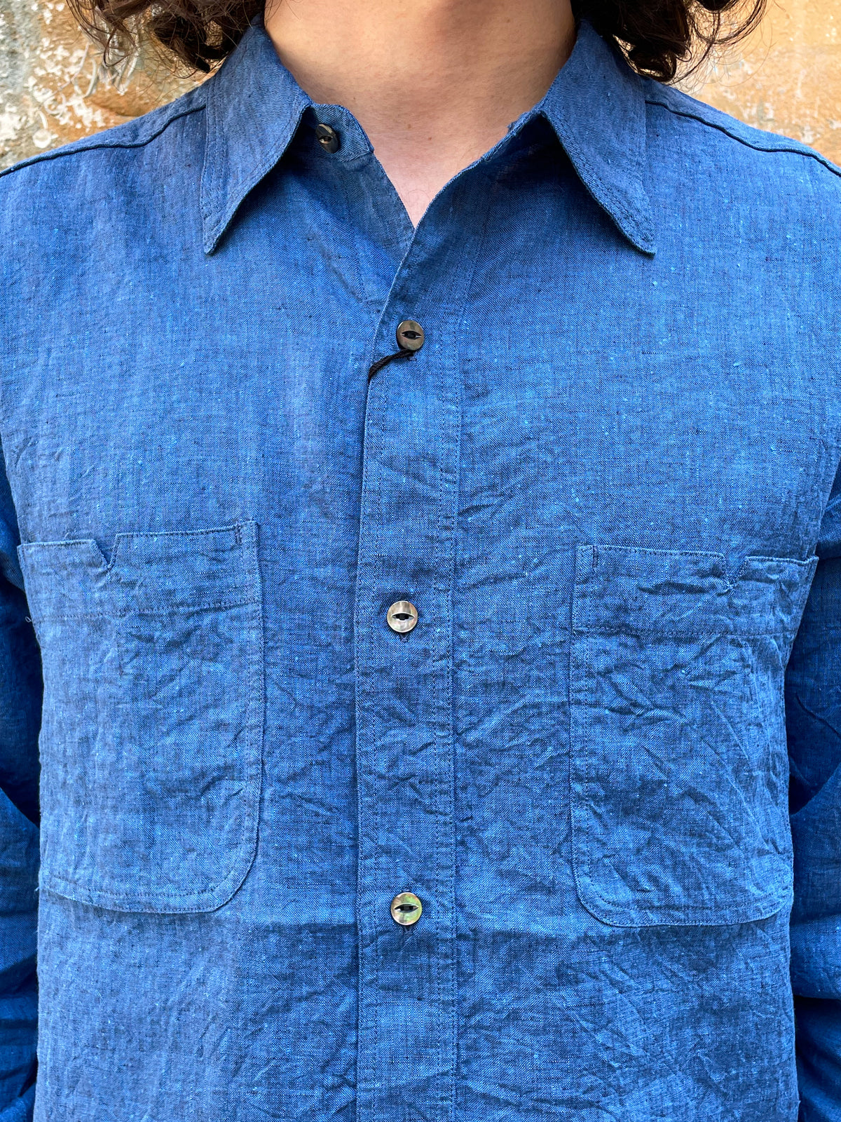 Black Sign French Linen Watch Cuffs Shirt / Sapphire Blue