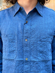 Black Sign French Linen Watch Cuffs Shirt / Sapphire Blue
