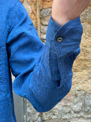 Black Sign French Linen Watch Cuffs Shirt / Sapphire Blue