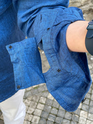 Black Sign French Linen Watch Cuffs Shirt / Sapphire Blue