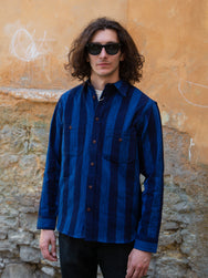 Samurai Indigo Kasuri Striped Check Work Shirt (SSS22-KSR-OVS)