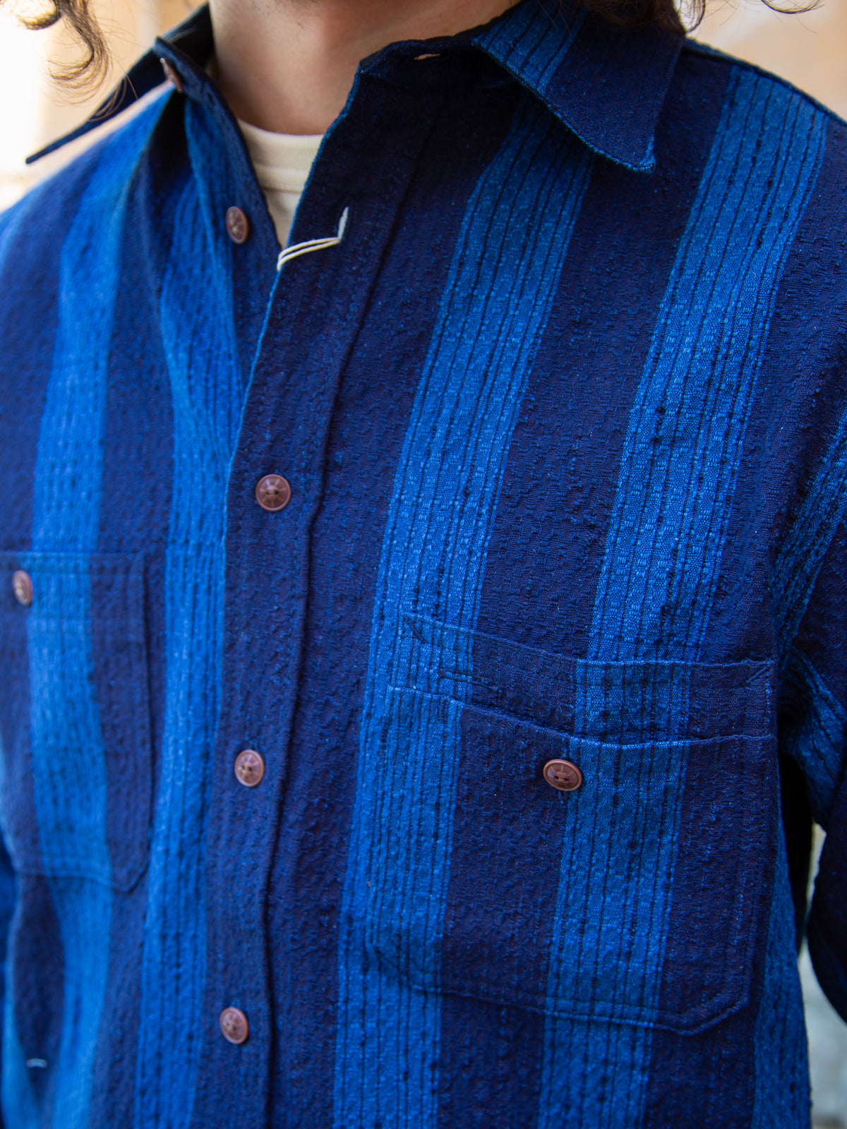 Samurai Indigo Kasuri Striped Check Work Shirt (SSS22-KSR-OVS)