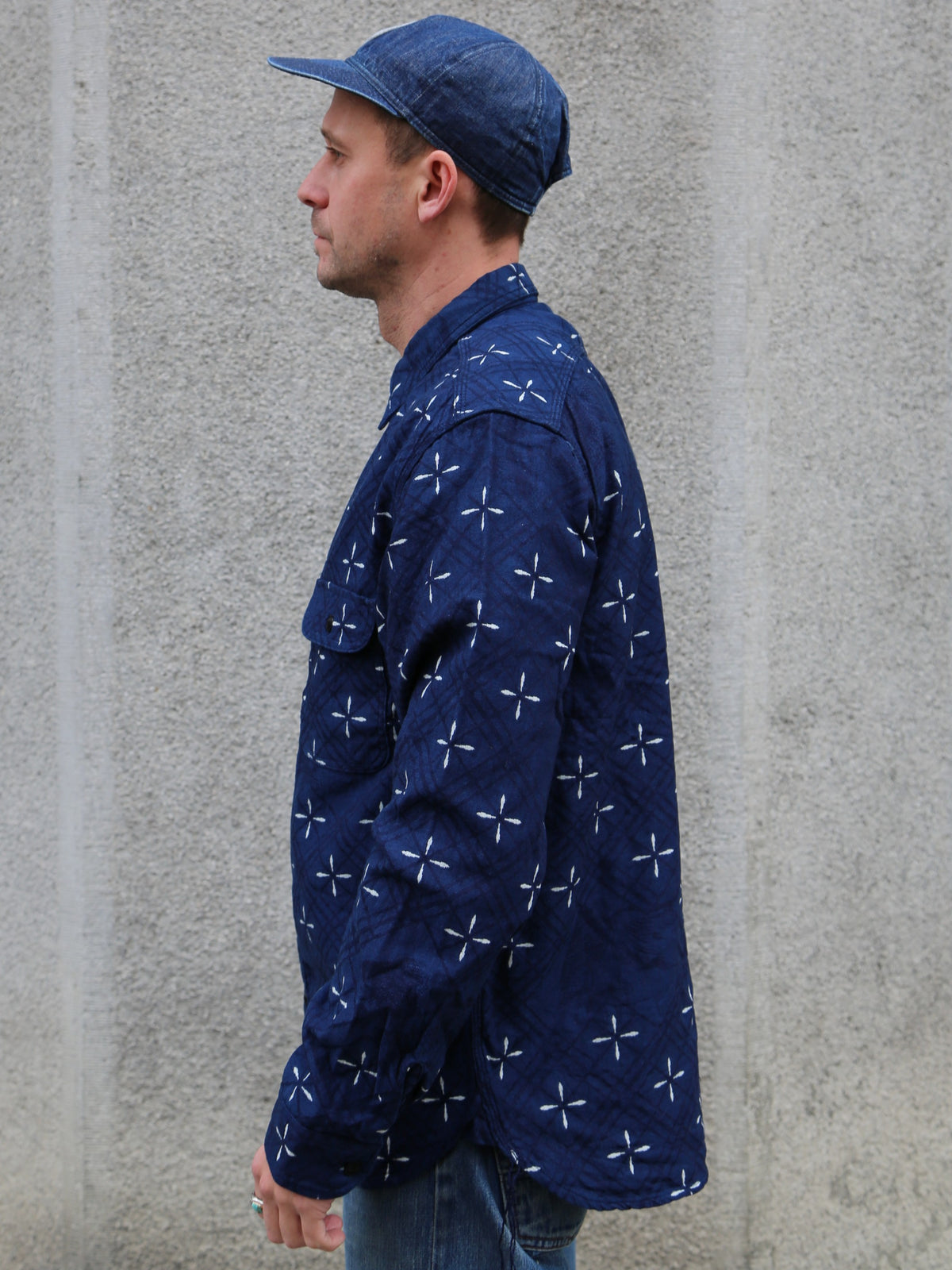 Samurai Jeans "Kingyo" Jacquard Work Shirt – Natural Indigo (SSS25-02W)