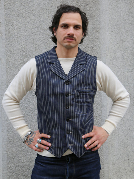 Blue Blanket Waistcoat 11 0z. Japanese Pinstripe Denim – Dark Indigo (V02 JP03)