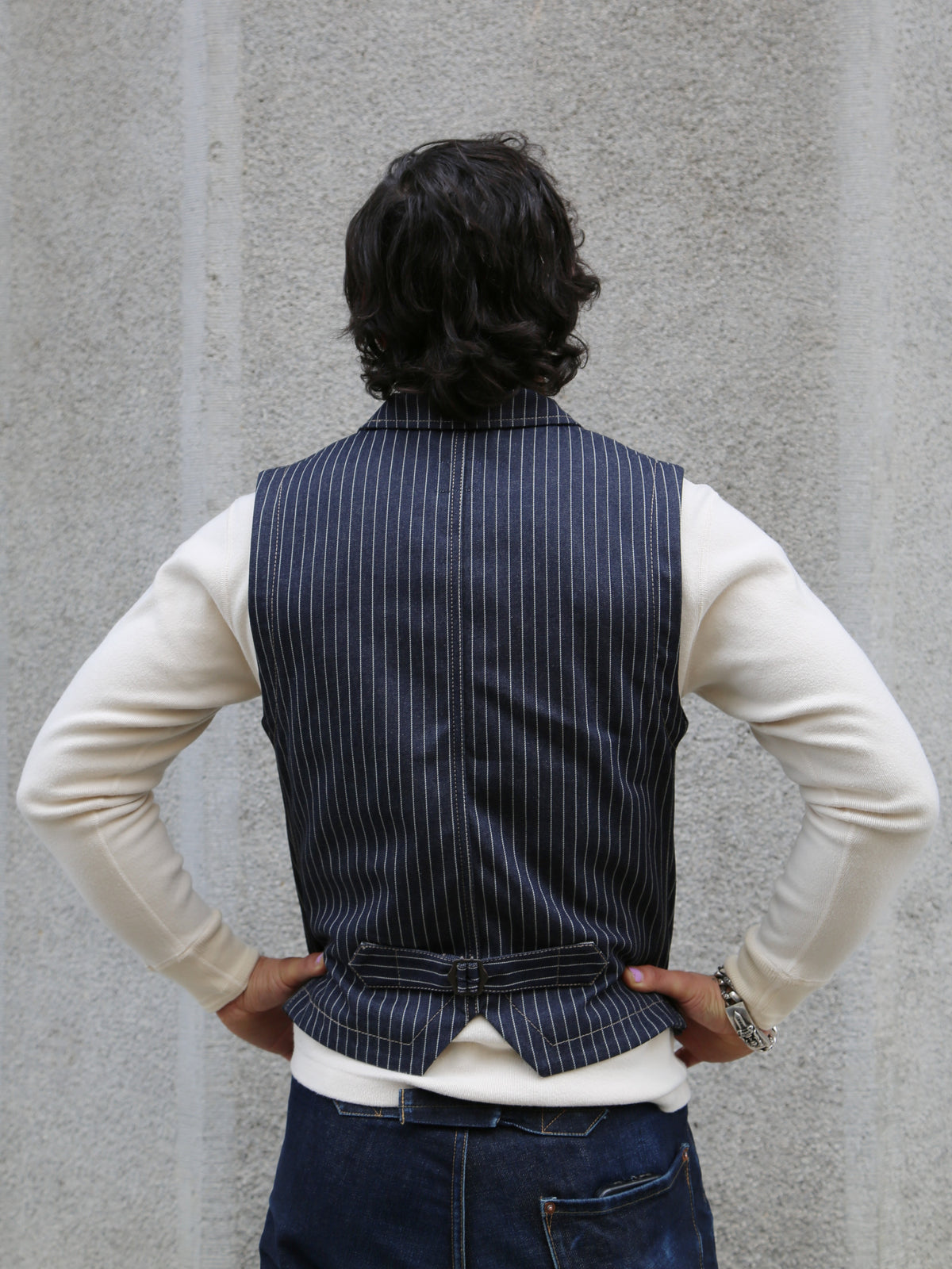 Blue Blanket Waistcoat 11 0z. Japanese Pinstripe Denim – Dark Indigo (V02 JP03)