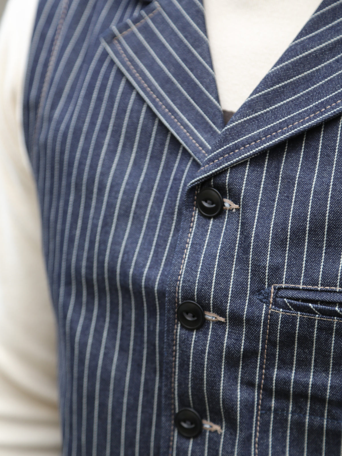 Blue Blanket Waistcoat 11 0z. Japanese Pinstripe Denim – Dark Indigo (V02 JP03)