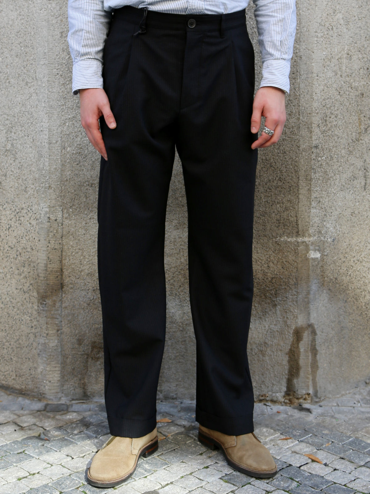 Hansen Garments SUNE Pleated Classic Trousers – Wool Pin Black (32-65-2)