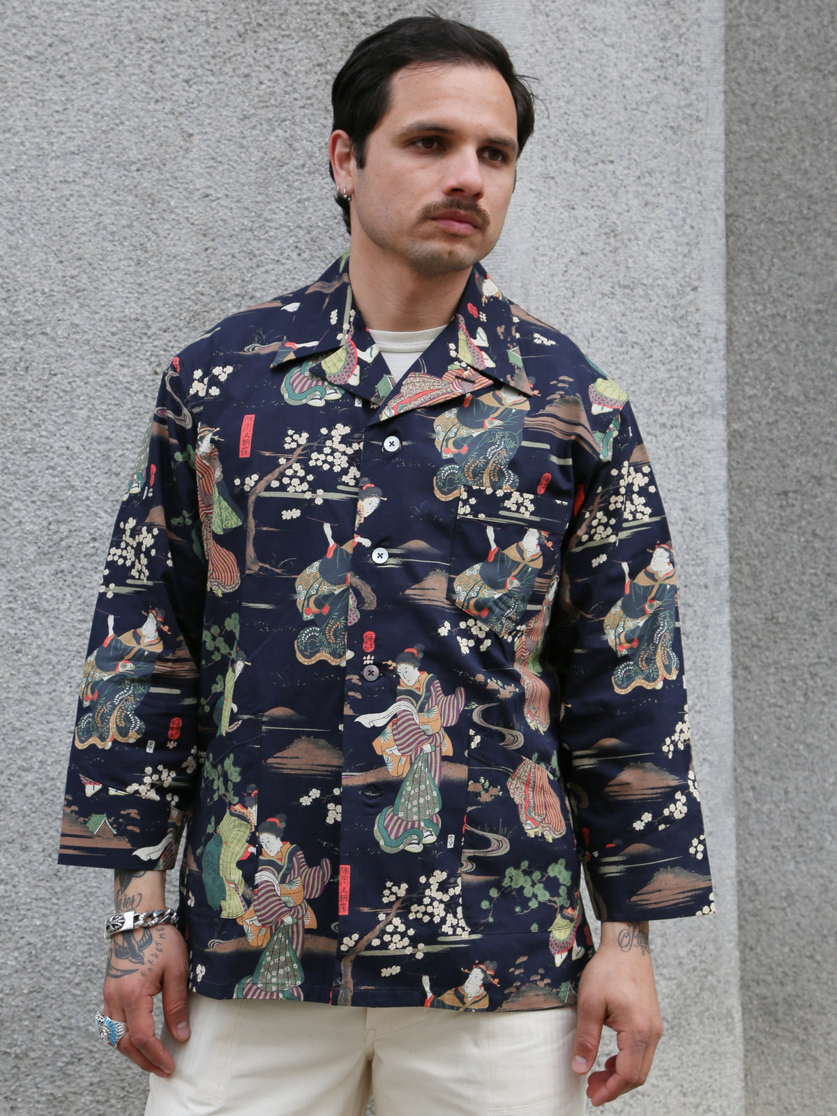 Black Sign “Kuniyoshi Utagawa” Three Quarter Sleeve Night Hawaiian Shirt – Sumidagawa-no-Asagiri (BSSL-25110)