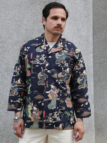 Black Sign “Kuniyoshi Utagawa” Three Quarter Sleeve Night Hawaiian Shirt – Sumidagawa-no-Asagiri (BSSL-25110)