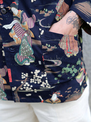 Black Sign “Kuniyoshi Utagawa” Three Quarter Sleeve Night Hawaiian Shirt – Sumidagawa-no-Asagiri (BSSL-25110)