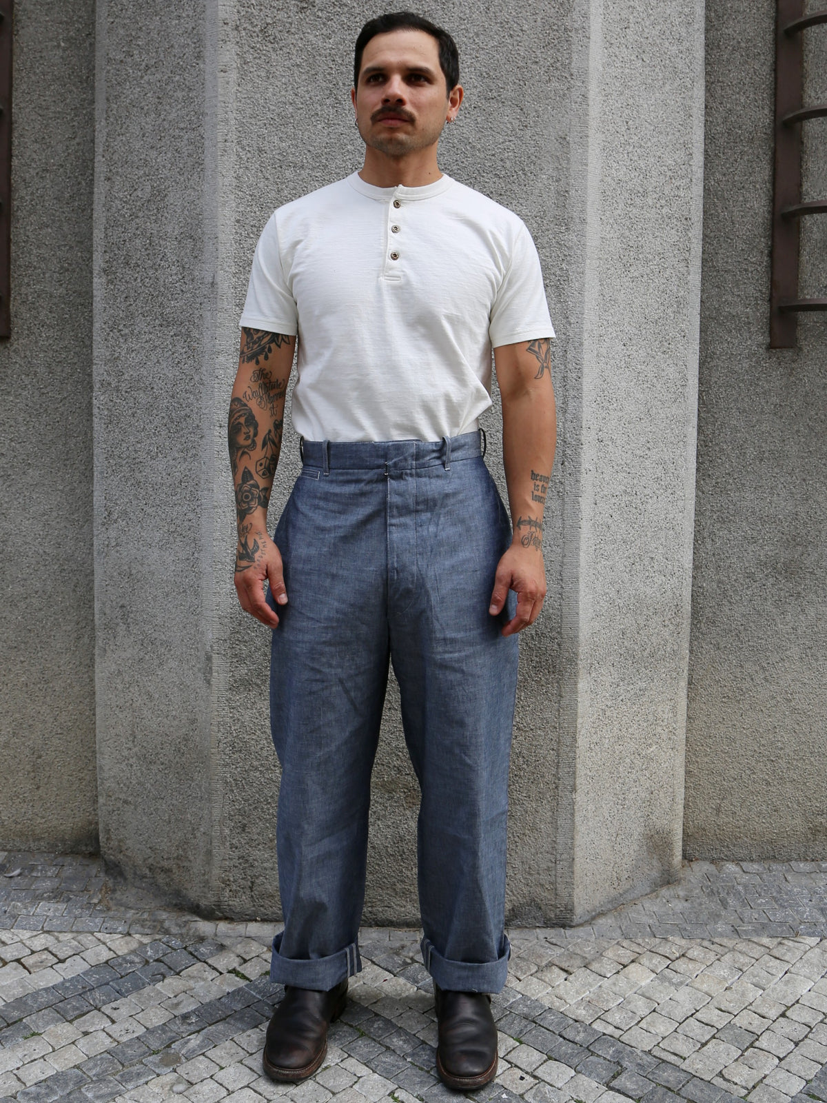 Belafone Hiback Trousers Buckle Back – Blue Chambray (30-6)