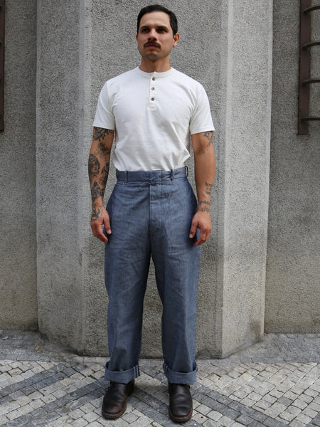 Belafone Hiback Trousers Buckle Back – Blue Chambray (30-6)