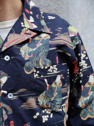 Black Sign “Kuniyoshi Utagawa” Three Quarter Sleeve Night Hawaiian Shirt – Sumidagawa-no-Asagiri (BSSL-25110)