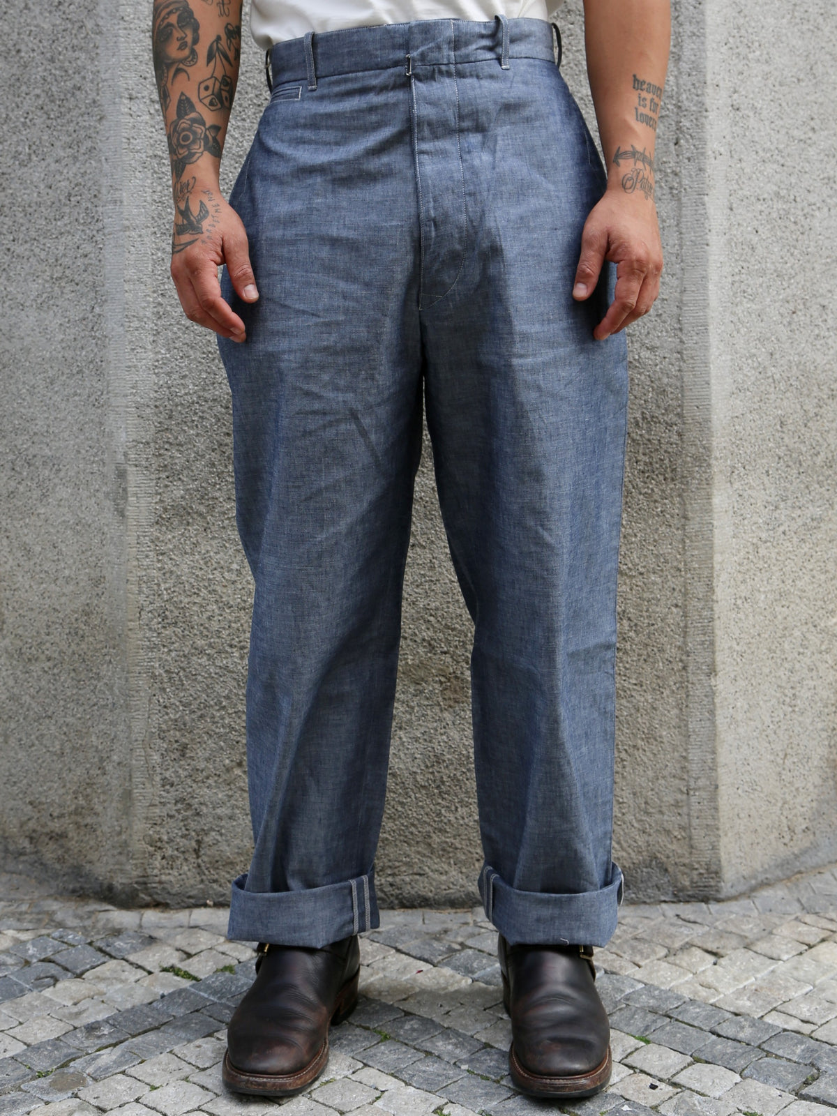 Belafone Hiback Trousers Buckle Back – Blue Chambray (30-6)