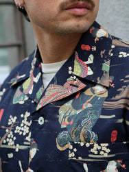 Black Sign “Kuniyoshi Utagawa” Three Quarter Sleeve Night Hawaiian Shirt – Sumidagawa-no-Asagiri (BSSL-25110)