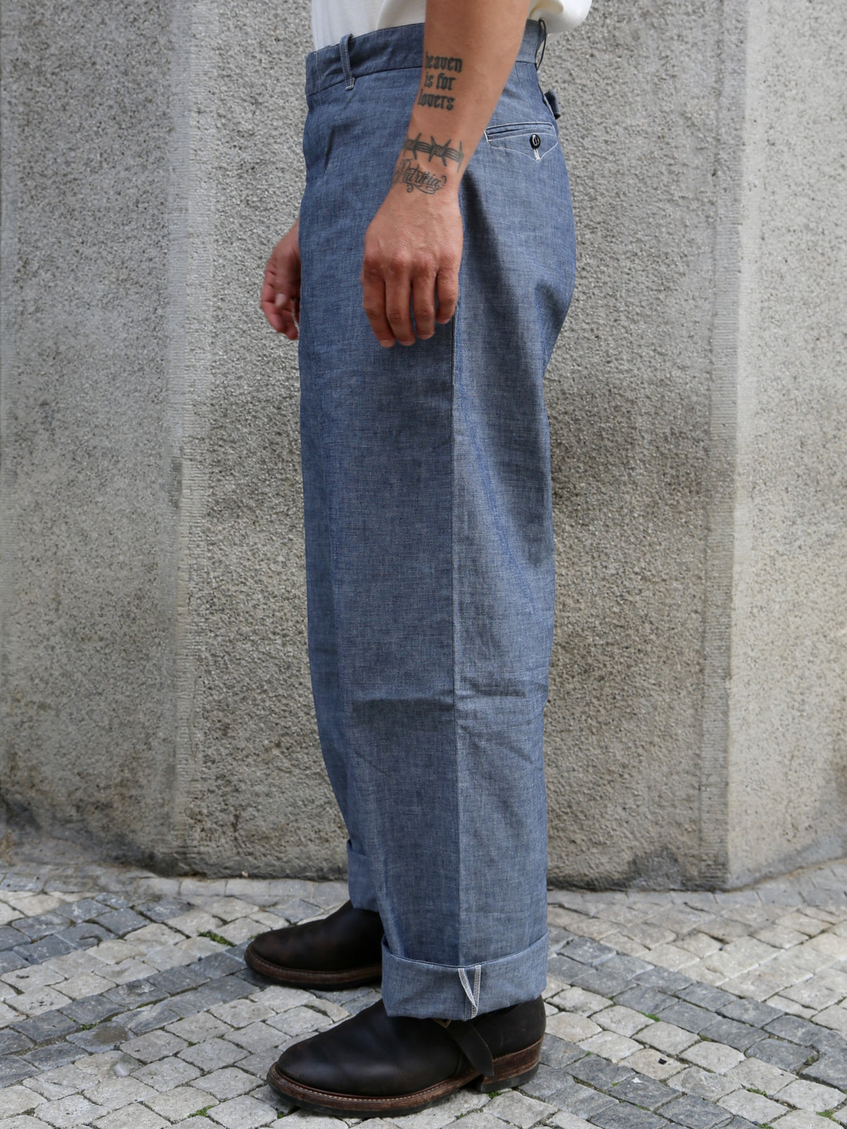 Belafone Hiback Trousers Buckle Back – Blue Chambray (30-6)