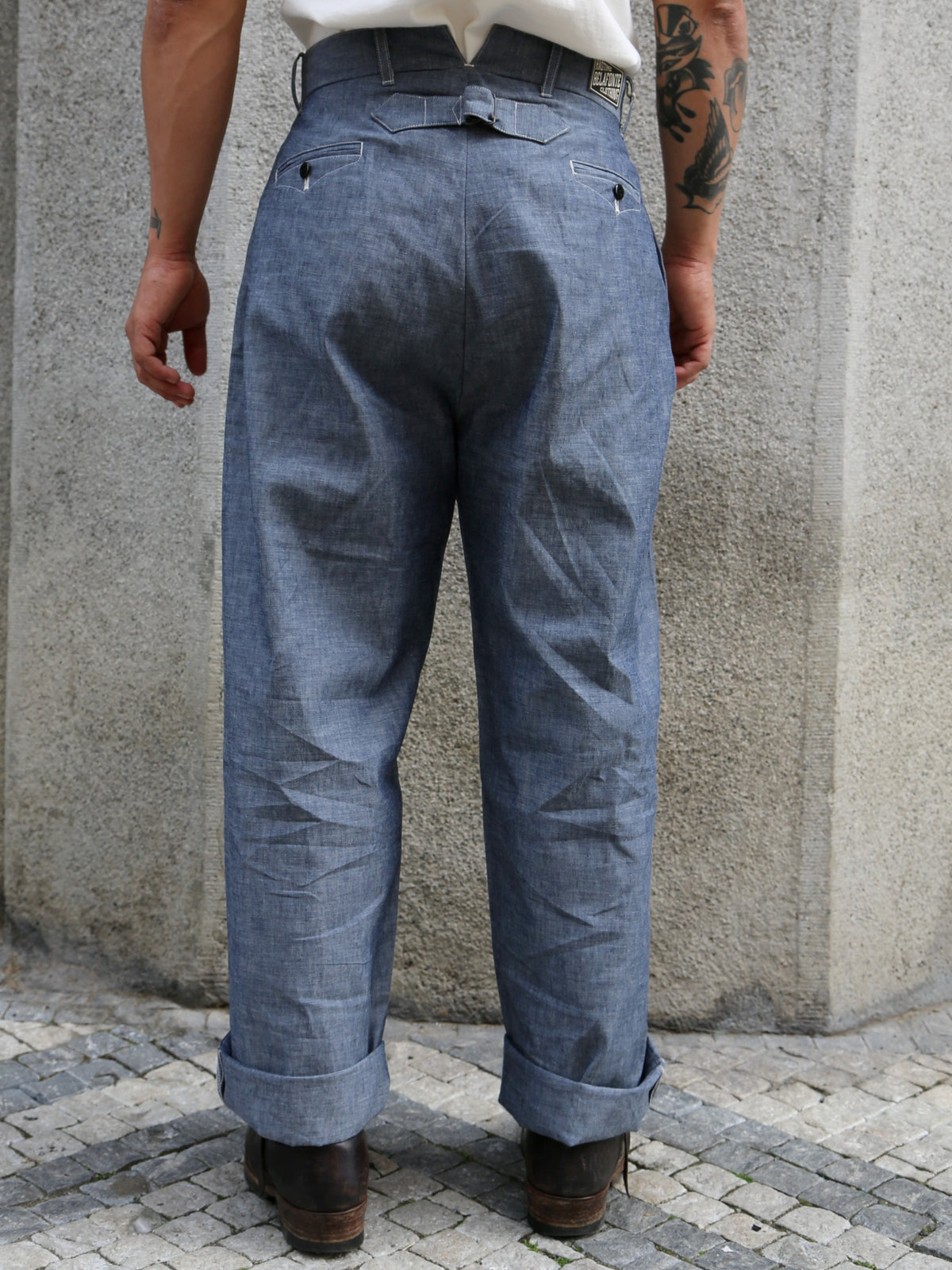 Belafone Hiback Trousers Buckle Back – Blue Chambray (30-6)