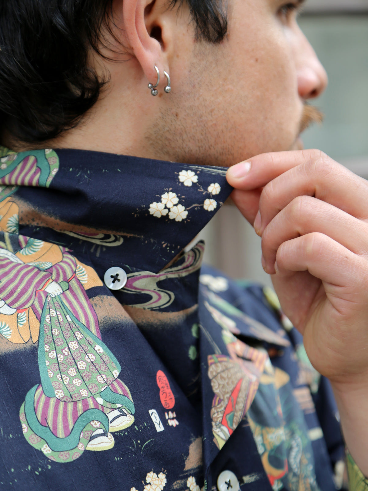 Black Sign “Kuniyoshi Utagawa” Three Quarter Sleeve Night Hawaiian Shirt – Sumidagawa-no-Asagiri (BSSL-25110)