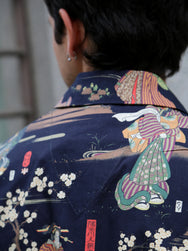 Black Sign “Kuniyoshi Utagawa” Three Quarter Sleeve Night Hawaiian Shirt – Sumidagawa-no-Asagiri (BSSL-25110)