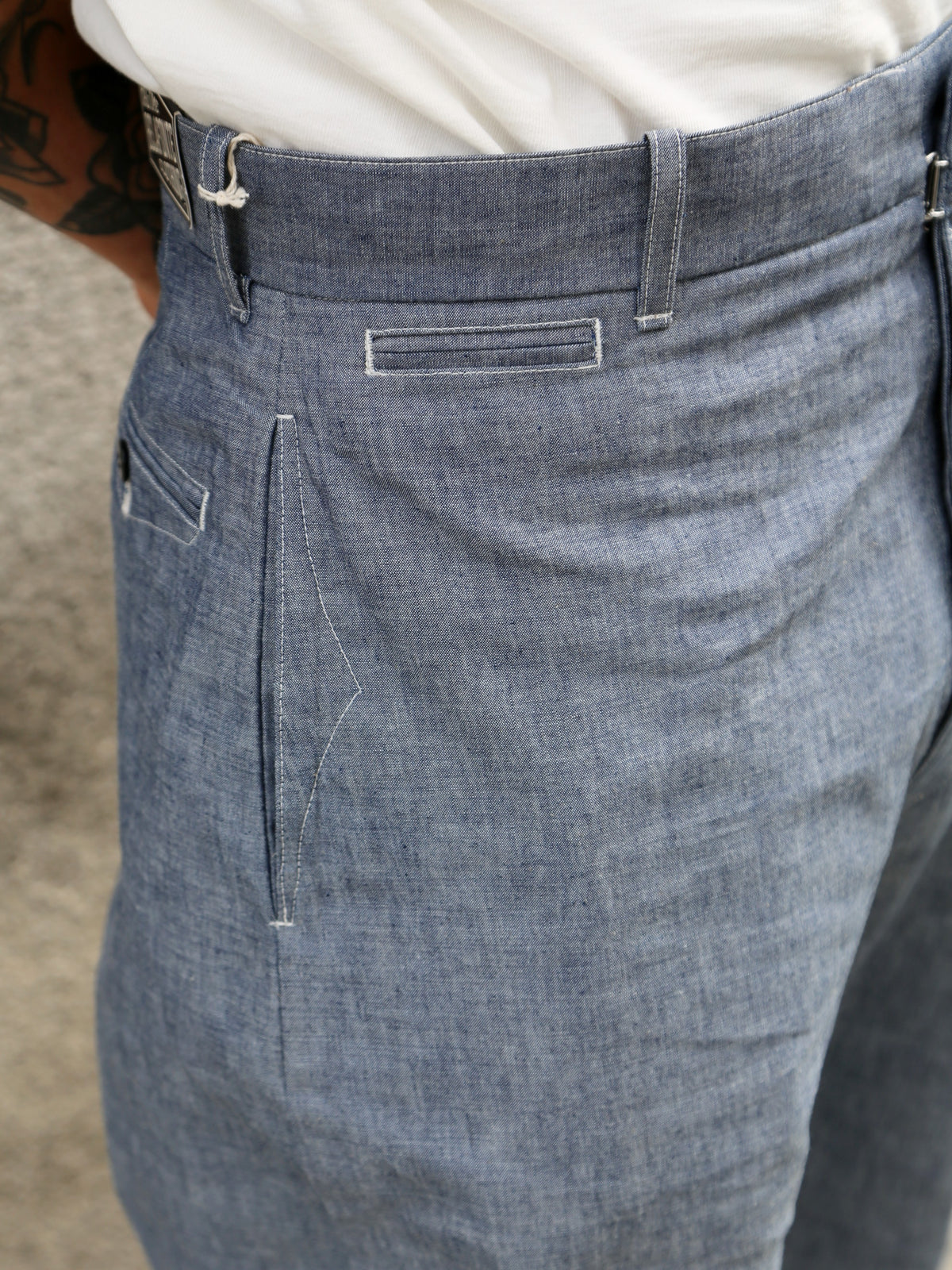 Belafone Hiback Trousers Buckle Back – Blue Chambray (30-6)