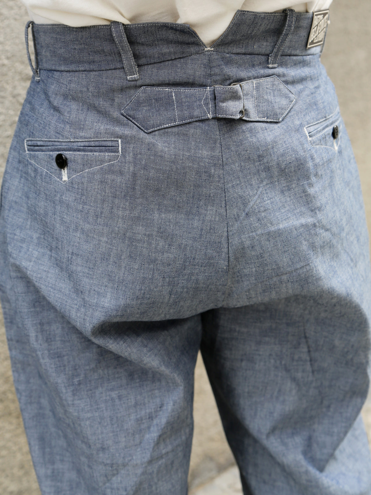 Belafone Hiback Trousers Buckle Back – Blue Chambray (30-6)