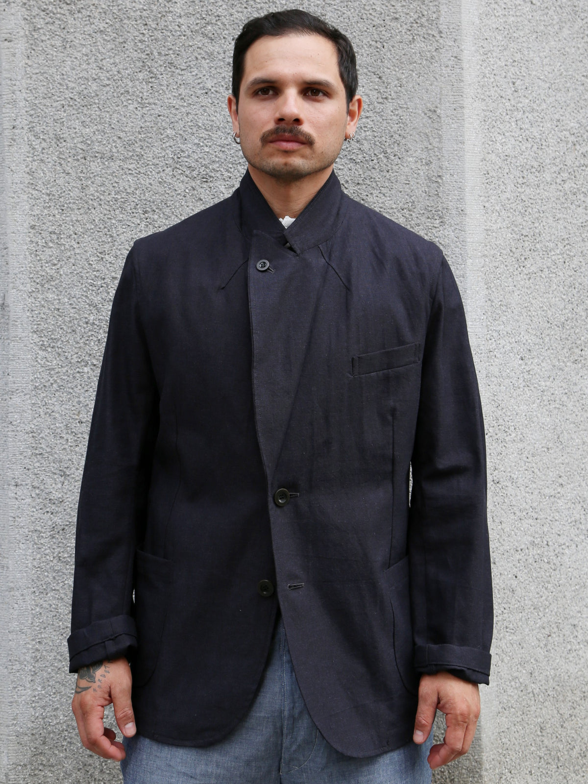Belafone Peaked Lapel Cotton/Hemp Jacket Washer – Black (30-3)