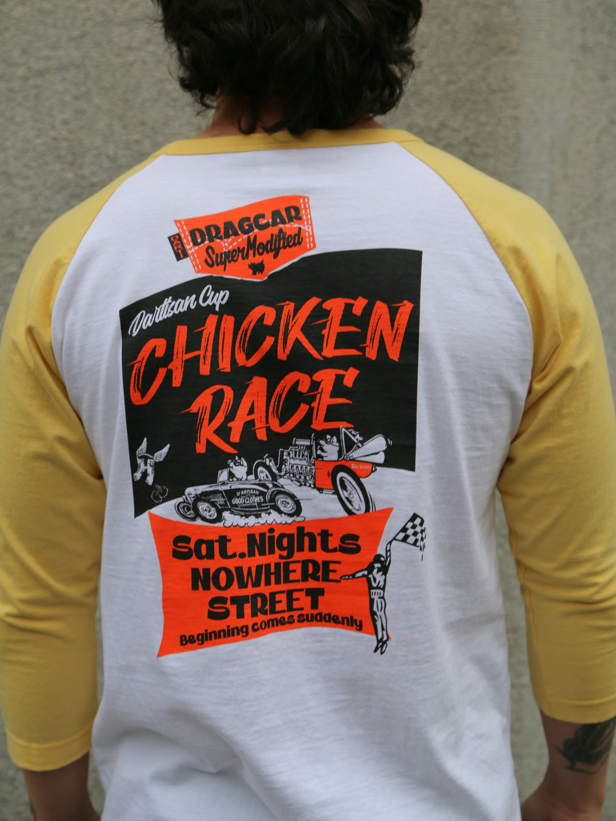 Studio d'Artisan Chicken Race Raglan 3/4 Length T-Shirt – White/Yellow (8151B)